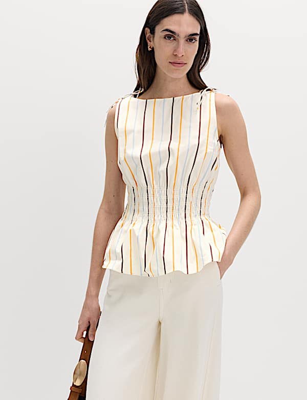 Pure Cotton Striped Shirred Waisted Top