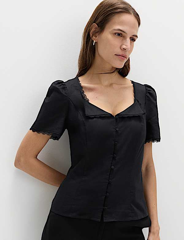 Cotton Blend Lace Detail Waisted Top
