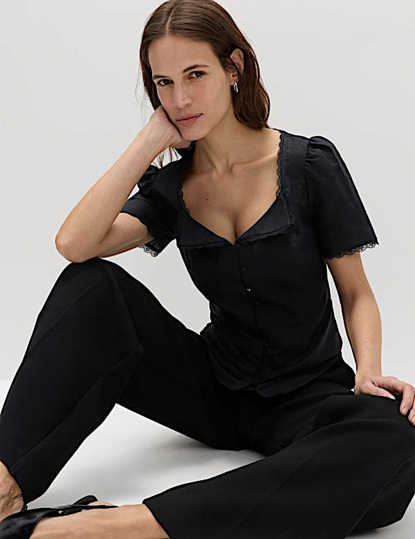 Cotton Blend Lace Detail Waisted Top