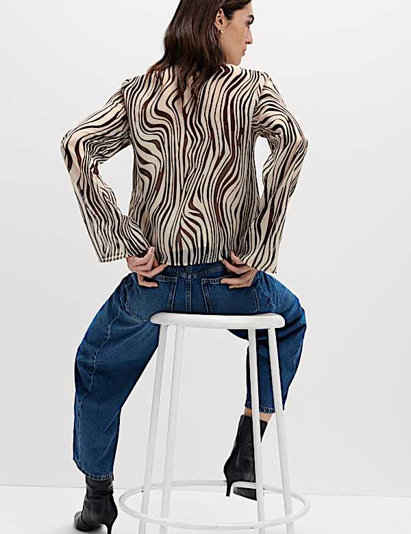 Zebra Print Tie Front Flute Sleeve Blouse
