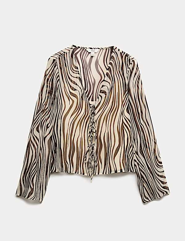 Zebra Print Tie Front Flute Sleeve Blouse - GR