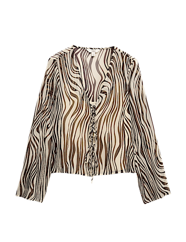 Zebra Print Tie Front Flute Sleeve Blouse