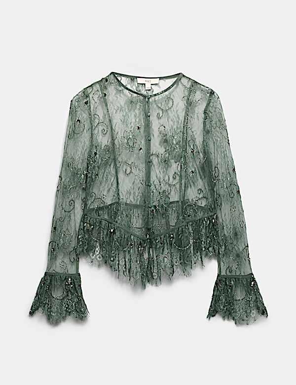 Embellished Lace Button Through Top - SK