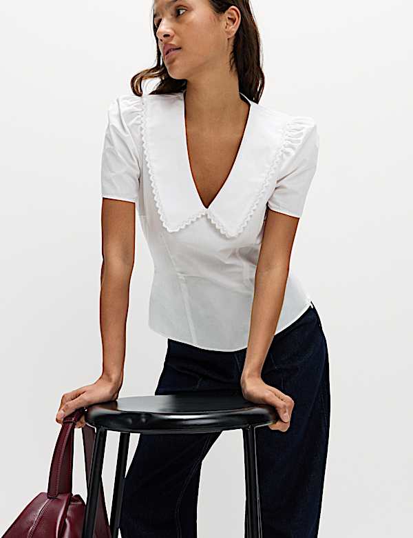 Chemisier coupe cintrée 100 % coton à col claudine en V - CH