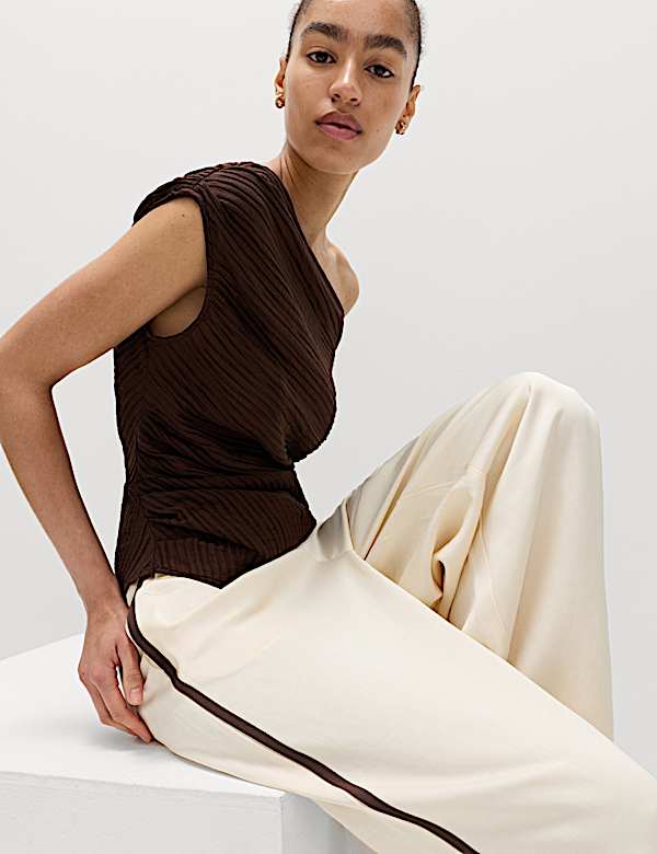 Plisse Asymmetric Neck Bardot Top