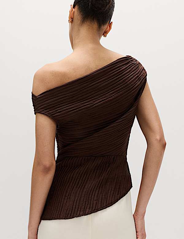 Plisse Asymmetric Neck Bardot Top
