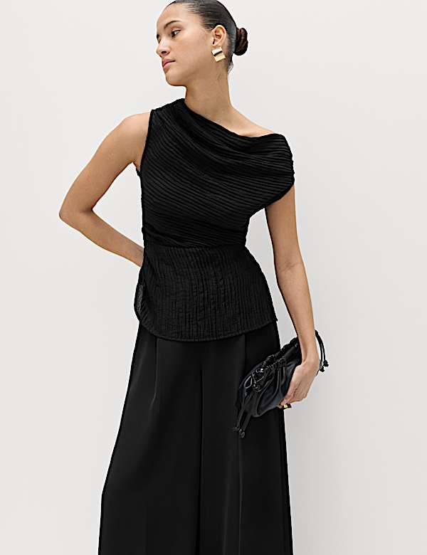 Plisse Asymmetric Neck Bardot Top
