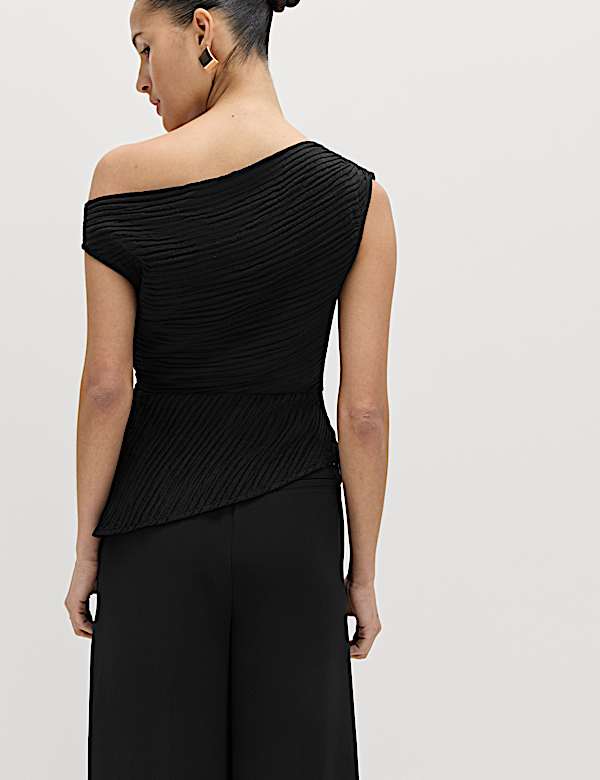 Plisse Asymmetric Neck Bardot Top
