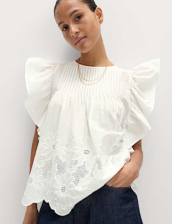 Pure Cotton Pintuck Embroidered Top - PT