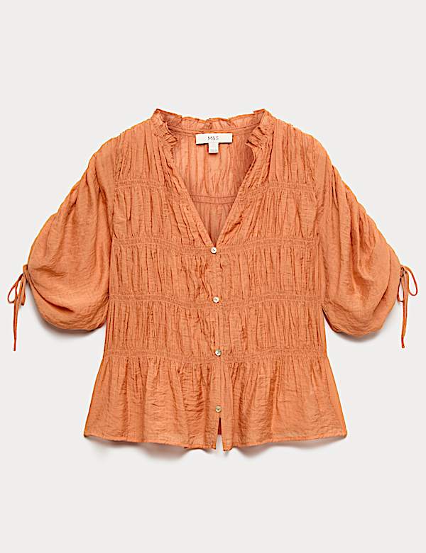 V-Neck Shirred Button Through Blouse - LT