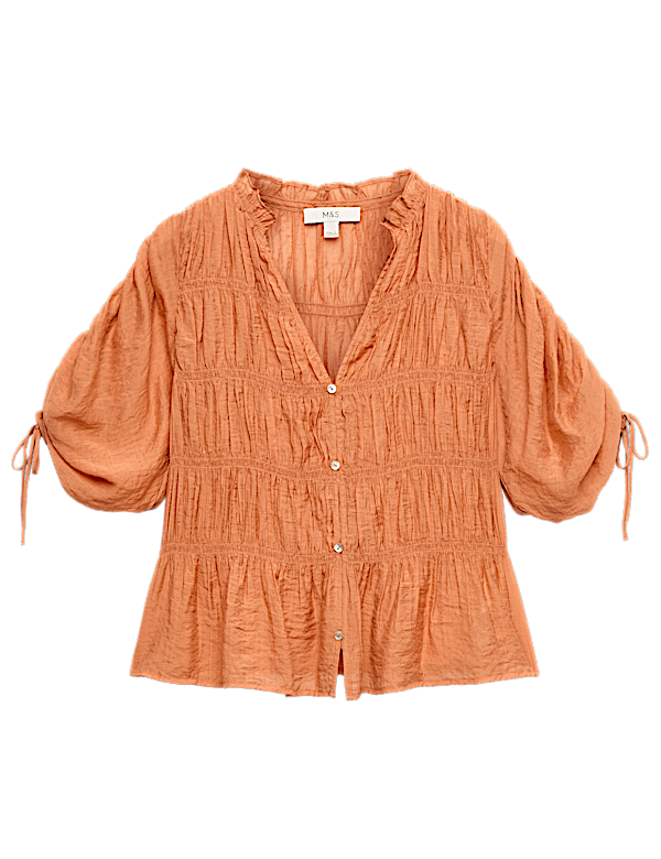 V-Neck Shirred Button Through Blouse