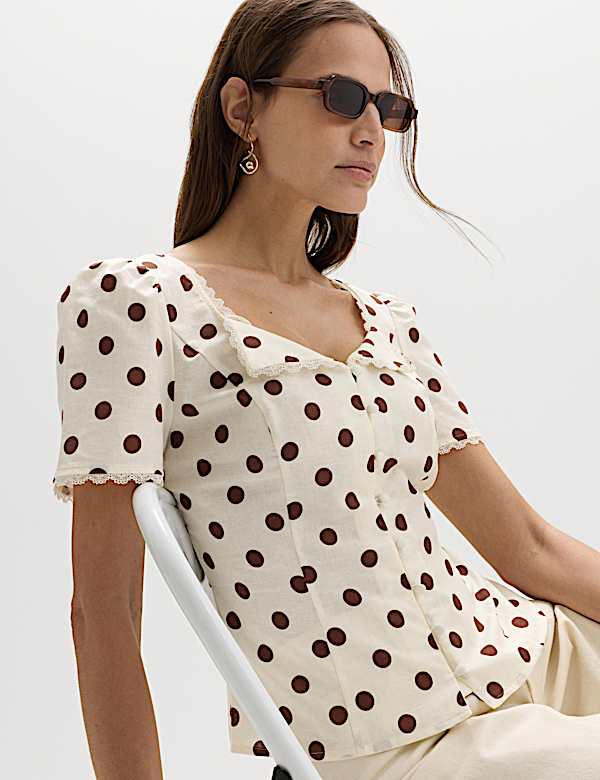 Polka Dot Lace Detail Button Through Top