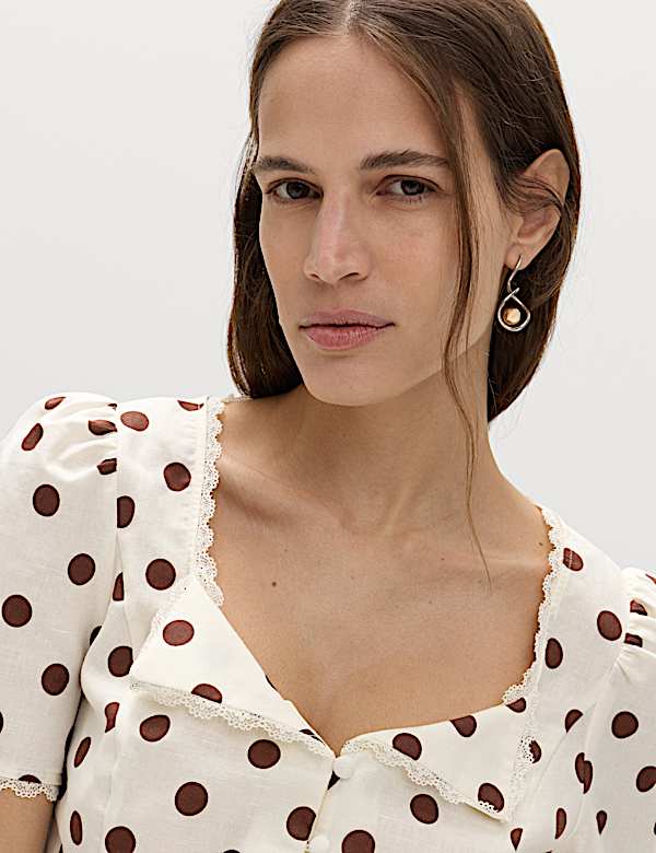 Polka Dot Lace Detail Button Through Top - US