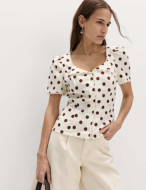 Polka Dot Lace Detail Button Through Top - US