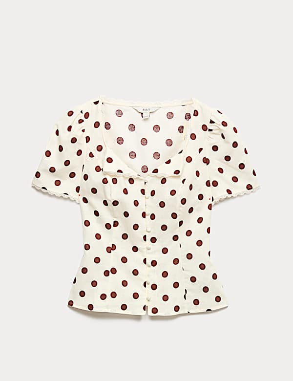 Polka Dot Lace Detail Button Through Top - US