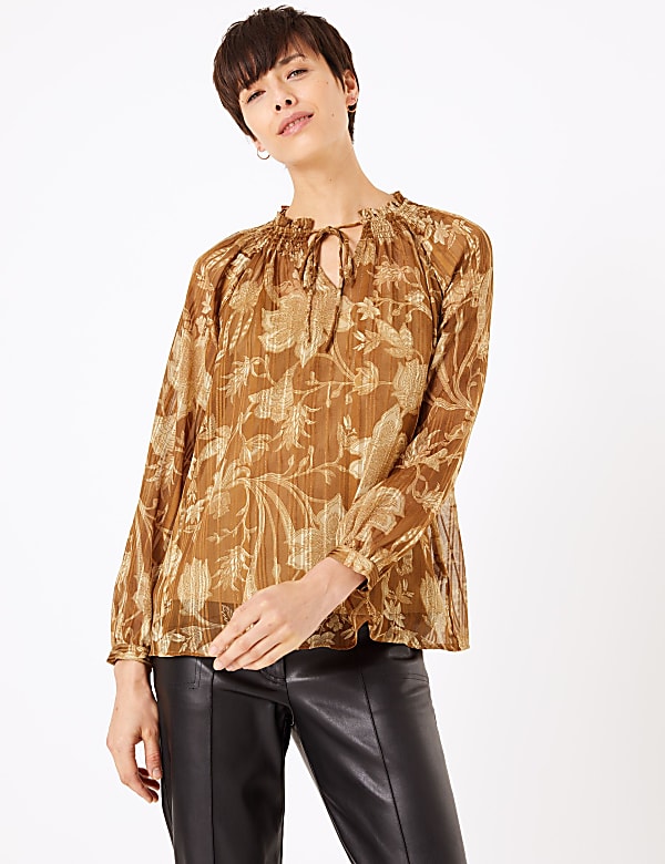 Buy Floral Print Smocked Neck Blouse at Marks Spencer
