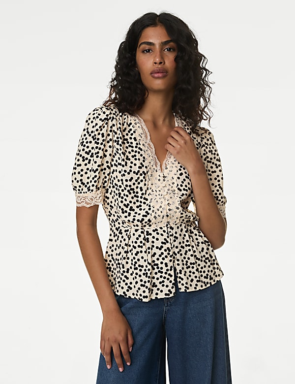 Printed Lace Detail Peplum Blouse - NZ