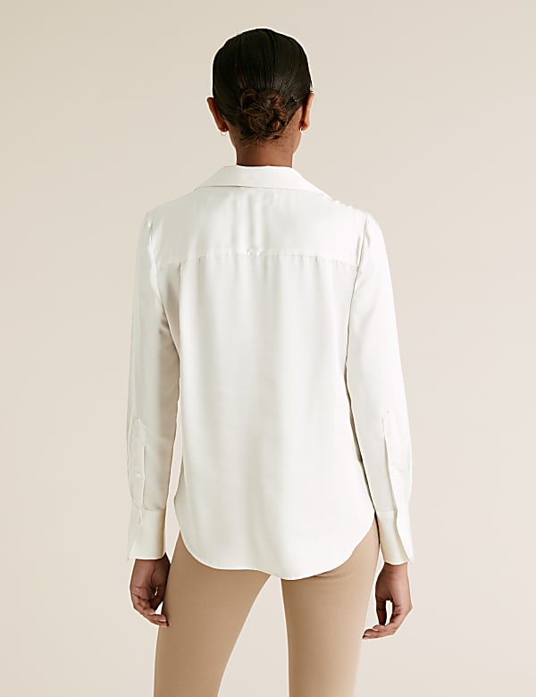 Satin Collared V-Neck Long Sleeve Blouse