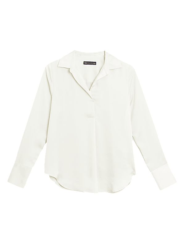 Satin Collared V-Neck Long Sleeve Blouse