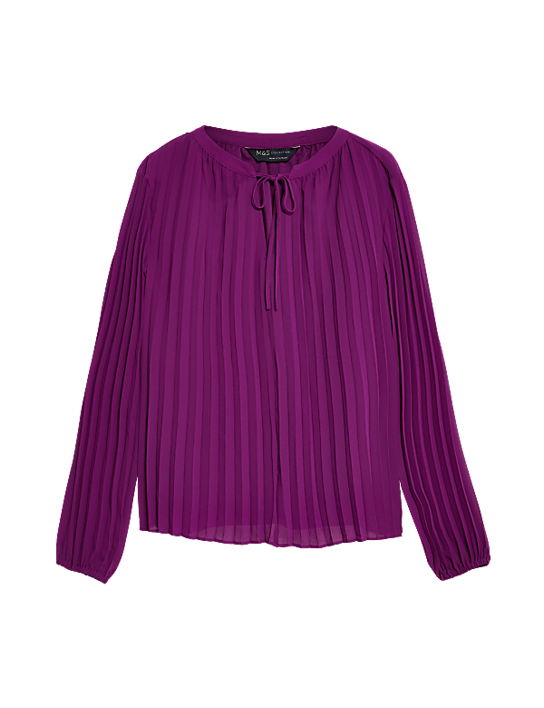 Pleated Tie Neck Popover Blouse