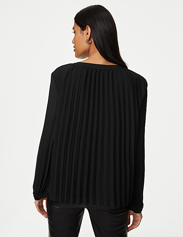 Pleated Tie Neck Popover Blouse