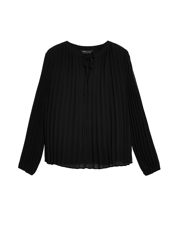 Pleated Tie Neck Popover Blouse