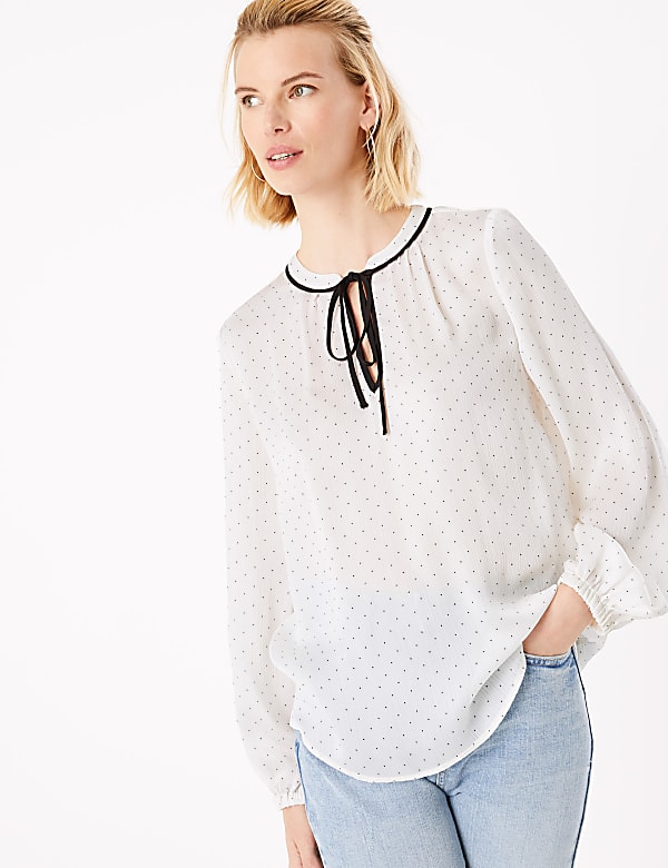 Polka Dot Tie Neck Long Sleeve Blouse