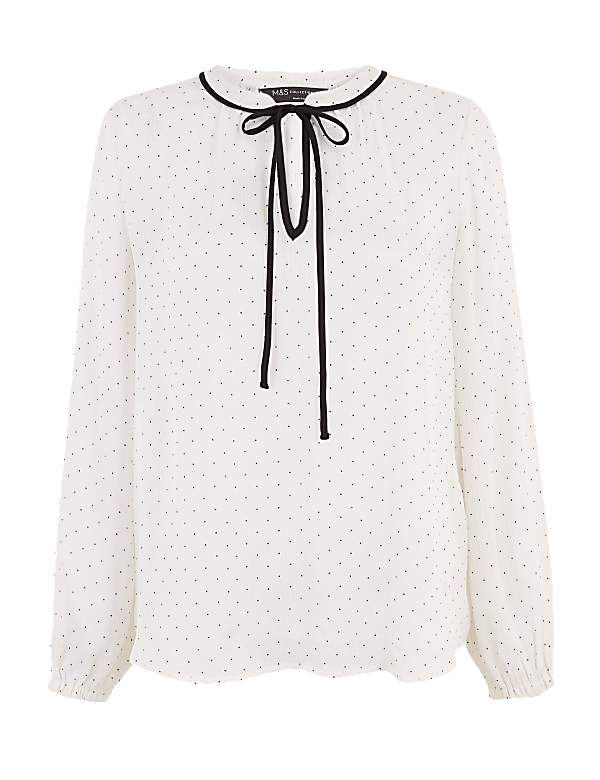 Polka Dot Tie Neck Long Sleeve Blouse
