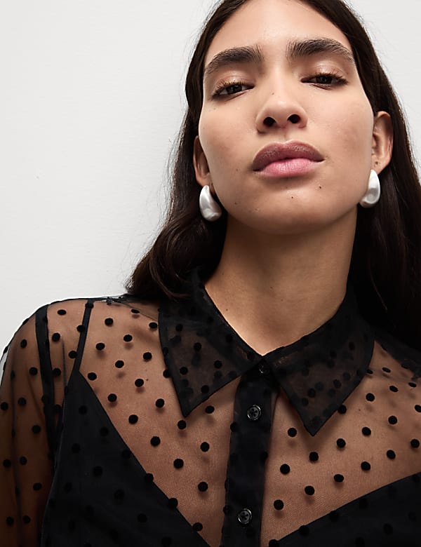 Sheer Polka Dot Collared Shirt BLACK Shirts M S HK