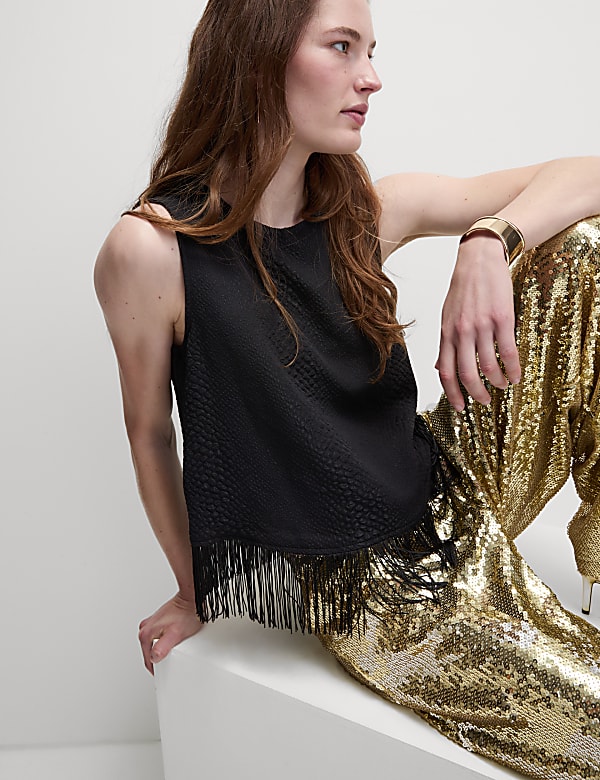 Textured Round Neck Tassel Blouse - BE