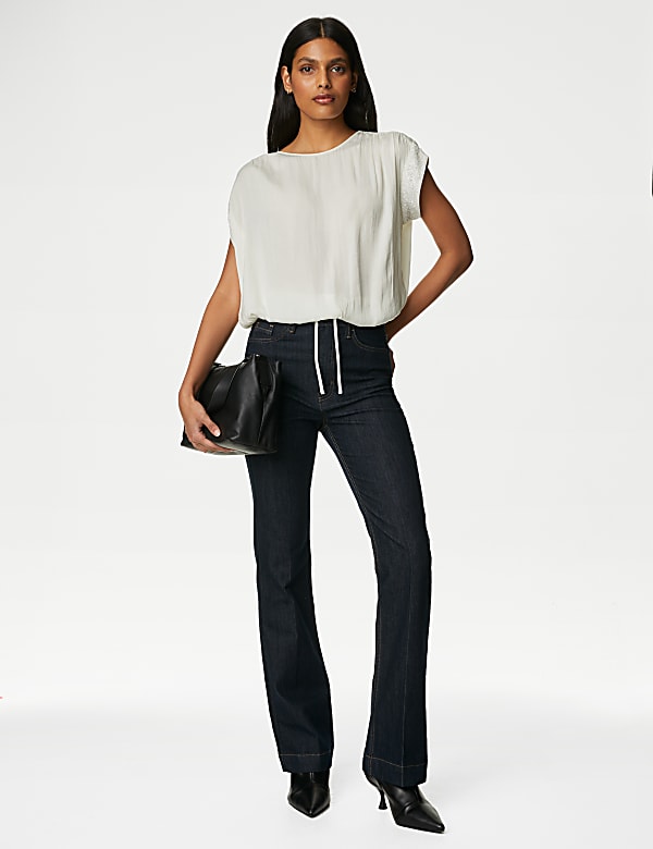 Satin Sequin Round Neck Drawstring Blouse - GR