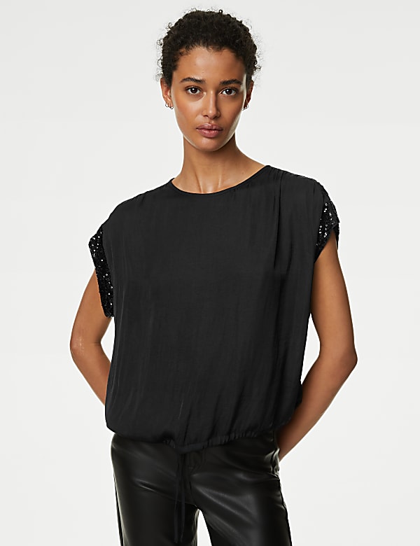 Satin Sequin Round Neck Drawstring Blouse - KG
