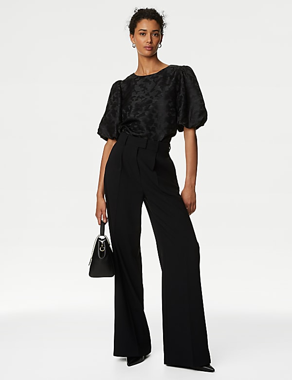 Jacquard Round Neck Puff Sleeve Blouse