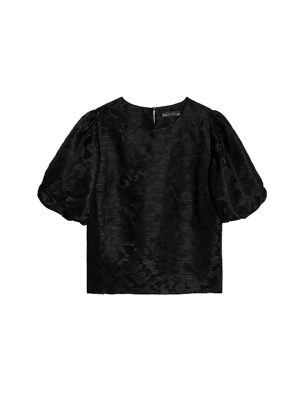 Jacquard Round Neck Puff Sleeve Blouse