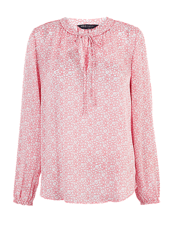Ditsy Floral Tie Neck Blouson Sleeve Blouse