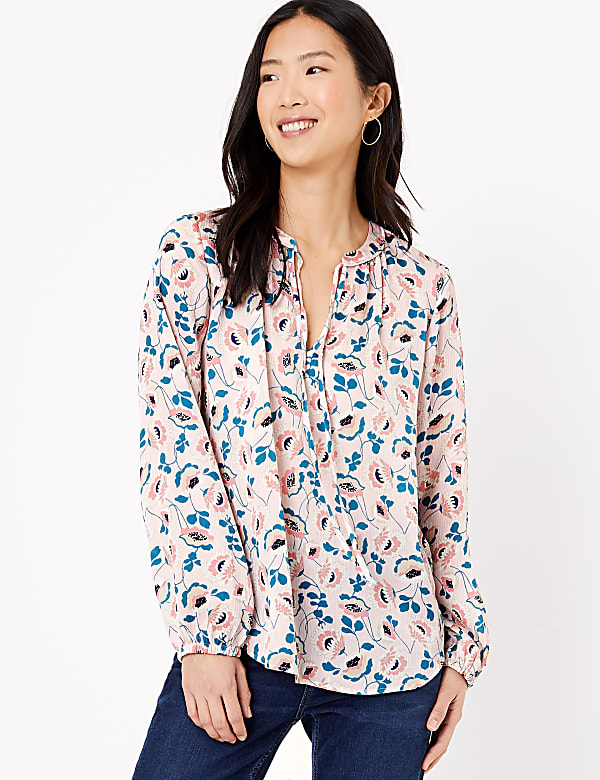 Floral Tie Neck Long Sleeve Blouse