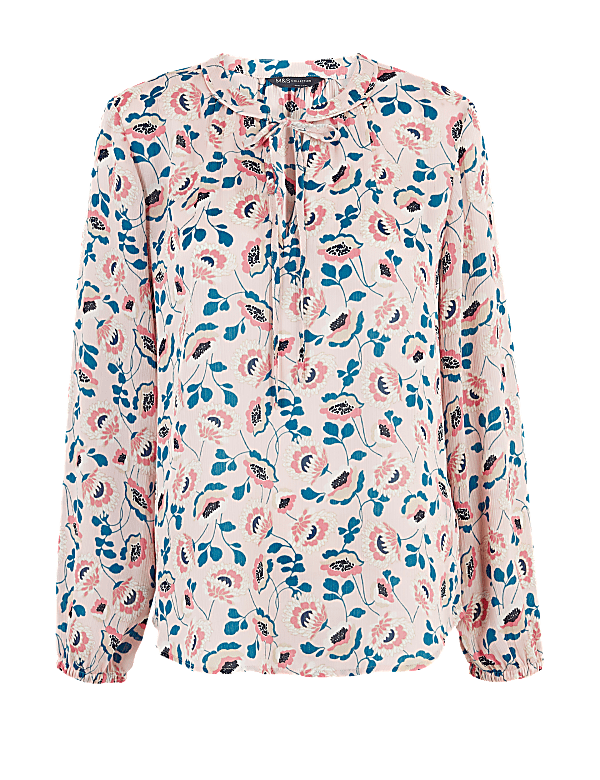 Floral Tie Neck Long Sleeve Blouse