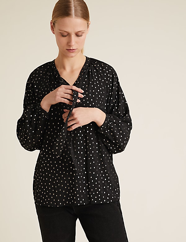 Metallic Polka Dot Long Sleeve Blouse