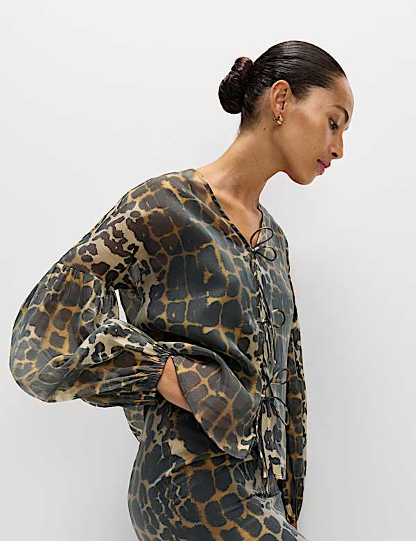 Organza Animal Print V-Neck Tie Front Top - AL