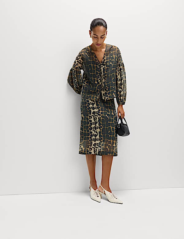 Organza Animal Print V-Neck Tie Front Top