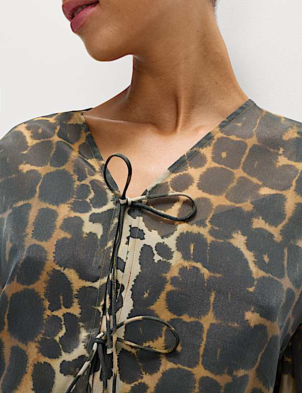 Organza Animal Print V-Neck Tie Front Top