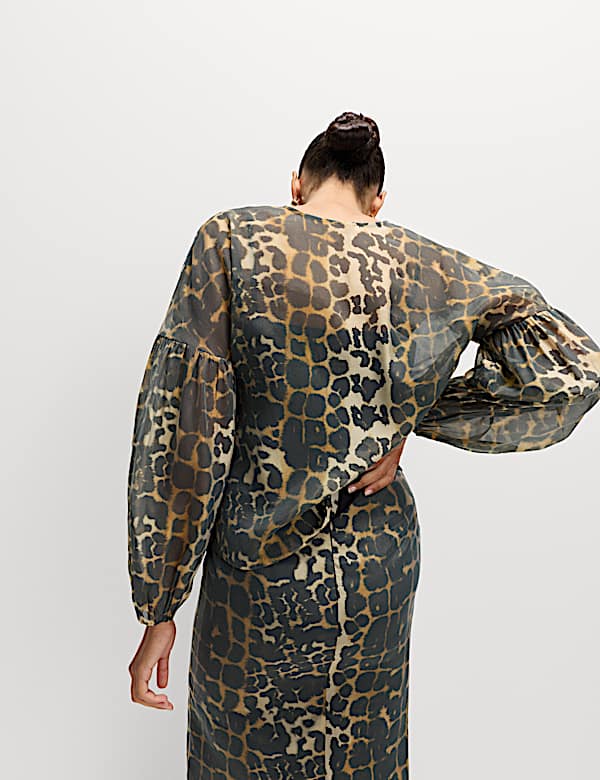 Organza Animal Print V-Neck Tie Front Top