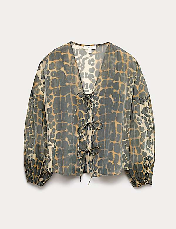 Atasan Tali Depan Kerah V Motif Hewan Organza - ID