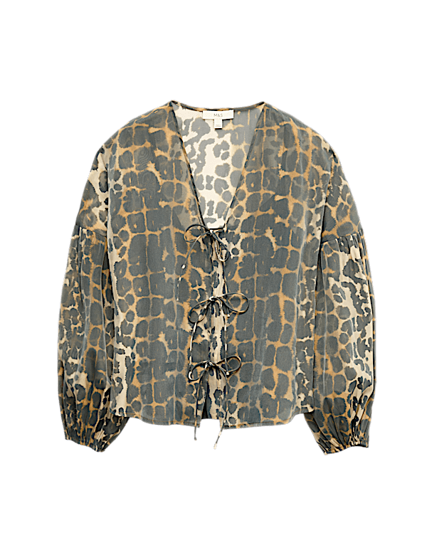 Organza Animal Print V-Neck Tie Front Top