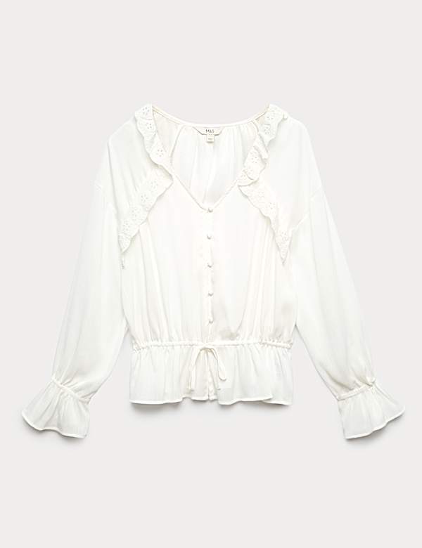 Broderie V-Neck Frill Detail Blouse - ES