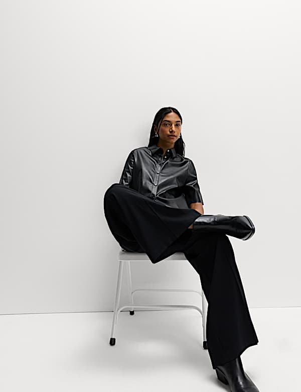 Faux Leather Collared Button Through Shirt