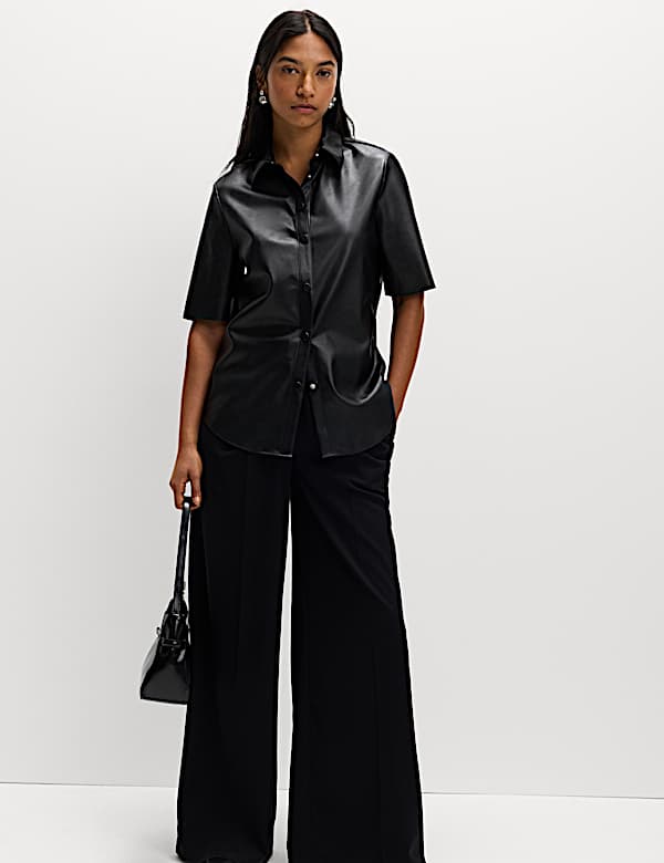 Faux Leather Collared Button Through Shirt