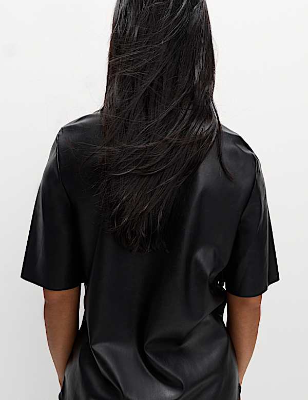 Faux Leather Collared Button Through Shirt