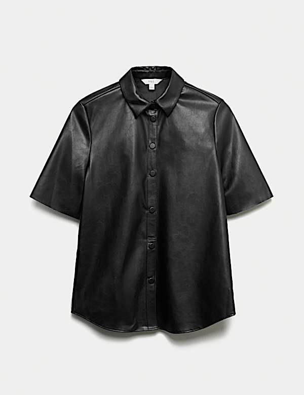 Faux Leather Collared Button Through Shirt - RO