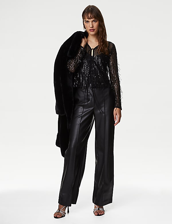 Sequin V-Neck Tie Front Blouse